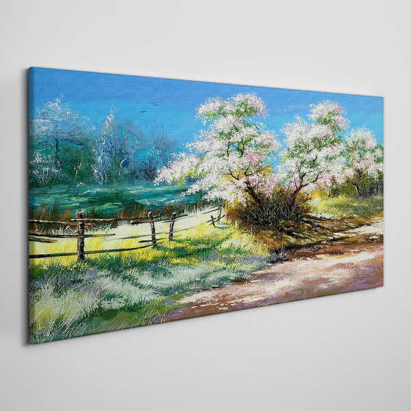 Spring landscape with blooming trees Print on canvas