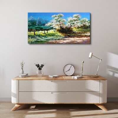 Spring landscape with blooming trees Print on canvas