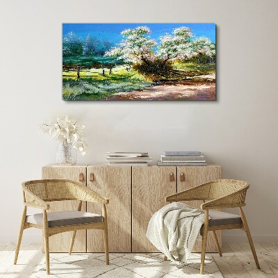 Spring landscape with blooming trees Print on canvas