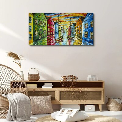 Colorful townhouses by the river Print on canvas