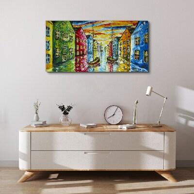 Colorful townhouses by the river Print on canvas