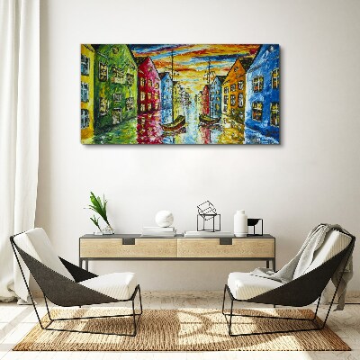 Colorful townhouses by the river Print on canvas