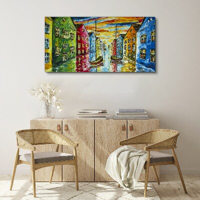 Colorful townhouses by the river Print on canvas