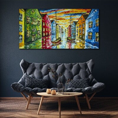 Colorful townhouses by the river Print on canvas