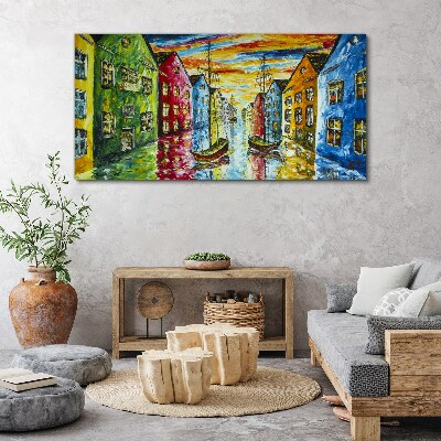 Colorful townhouses by the river Print on canvas