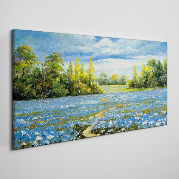 Spring landscape with blue flowers Canvas wall art