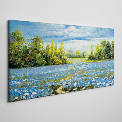 Spring landscape with blue flowers Canvas wall art