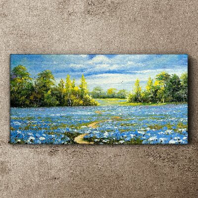 Spring landscape with blue flowers Canvas wall art