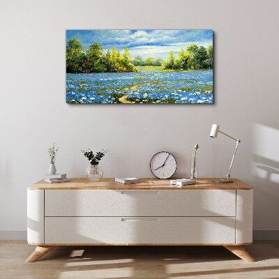 Spring landscape with blue flowers Canvas wall art
