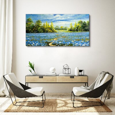Spring landscape with blue flowers Canvas wall art