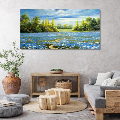Spring landscape with blue flowers Canvas wall art