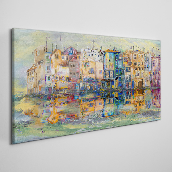 A colorful town by the water Print on canvas