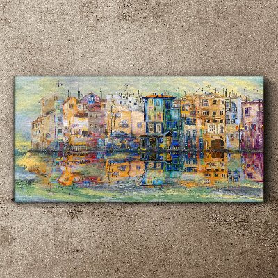 A colorful town by the water Print on canvas