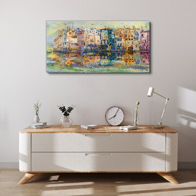 A colorful town by the water Print on canvas