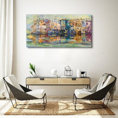 A colorful town by the water Print on canvas