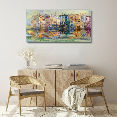 A colorful town by the water Print on canvas