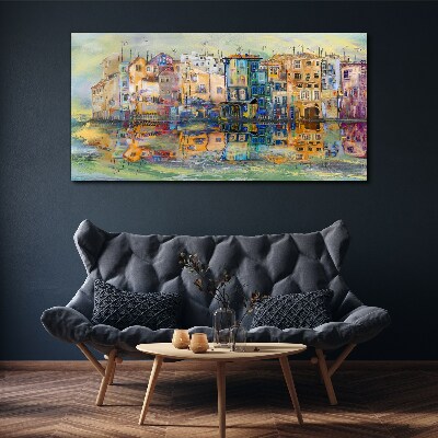 A colorful town by the water Print on canvas