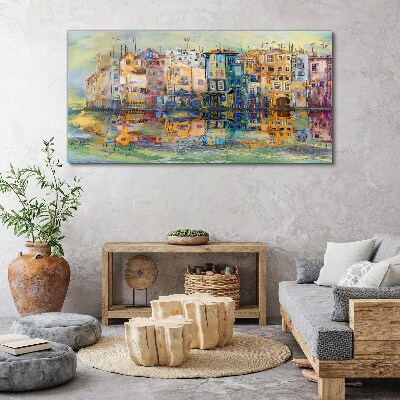 A colorful town by the water Print on canvas