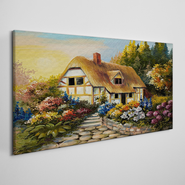 A charming country cottage in flowers Canvas wall art