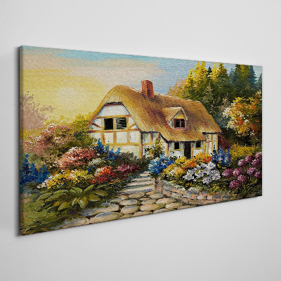 A charming country cottage in flowers Canvas wall art