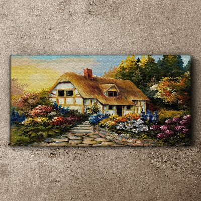 A charming country cottage in flowers Canvas wall art