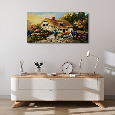 A charming country cottage in flowers Canvas wall art