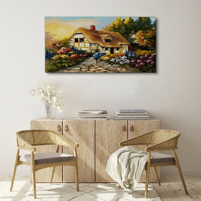 A charming country cottage in flowers Canvas wall art