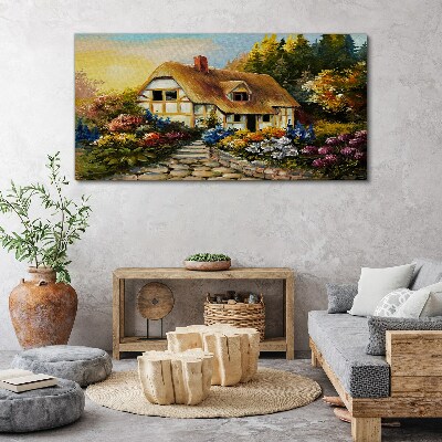 A charming country cottage in flowers Canvas wall art