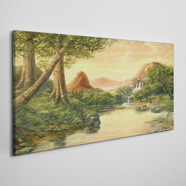A peaceful landscape with a river and trees Canvas wall art