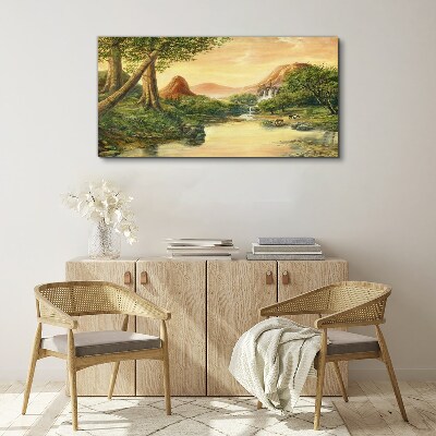 A peaceful landscape with a river and trees Canvas wall art