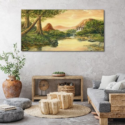 A peaceful landscape with a river and trees Canvas wall art