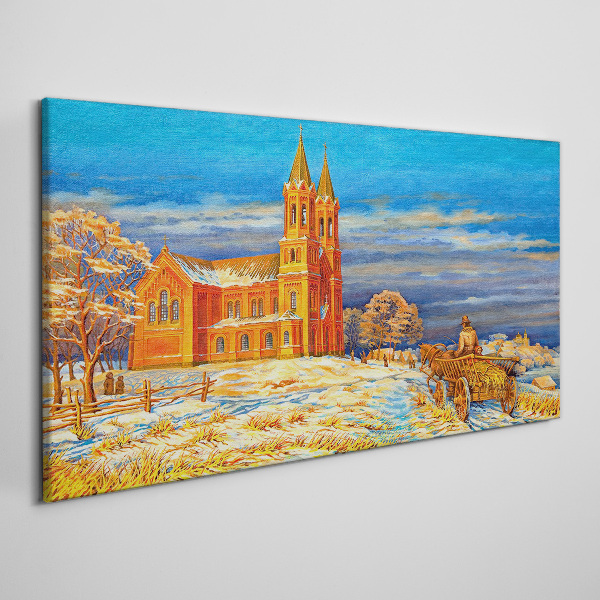 Winter landscape with a church Print on canvas
