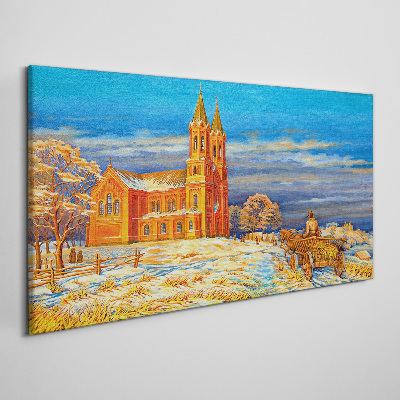 Winter landscape with a church Print on canvas
