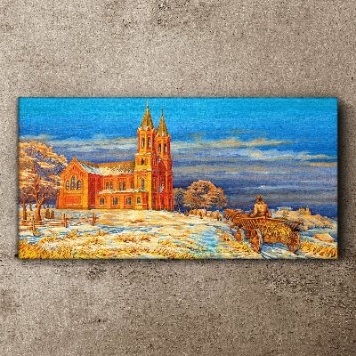 Winter landscape with a church Print on canvas