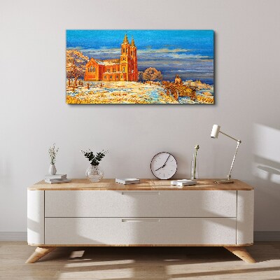 Winter landscape with a church Print on canvas