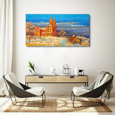 Winter landscape with a church Print on canvas