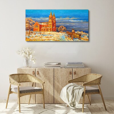 Winter landscape with a church Print on canvas