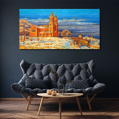 Winter landscape with a church Print on canvas
