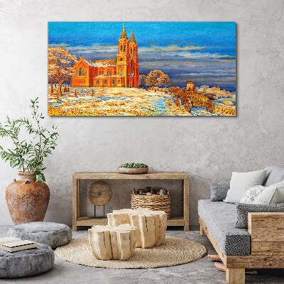 Winter landscape with a church Print on canvas
