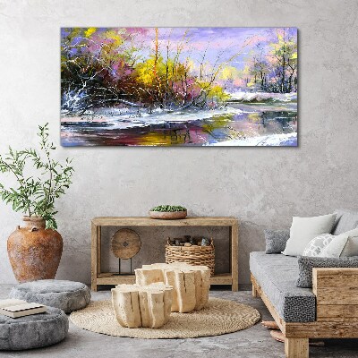 Winter landscape with a river Print on canvas