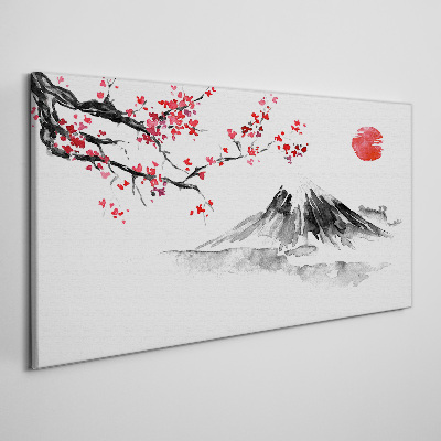 Cherry blossoms and mountain landscape Print on canvas