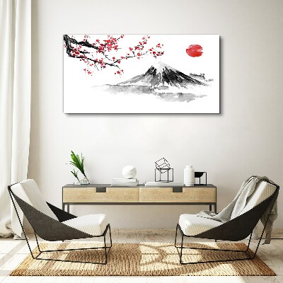 Cherry blossoms and mountain landscape Print on canvas