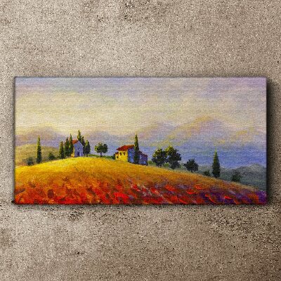 Sunny landscape with houses on a hill Canvas wall art