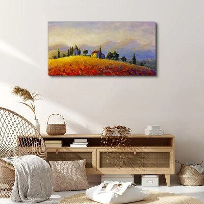 Sunny landscape with houses on a hill Canvas wall art