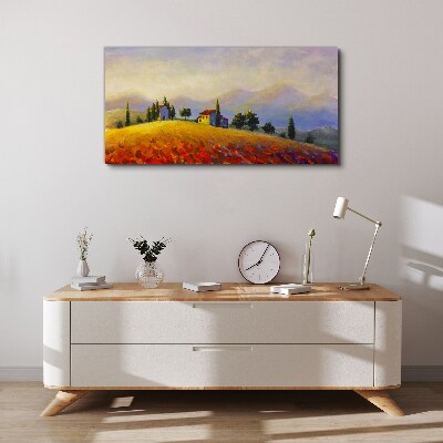 Sunny landscape with houses on a hill Canvas wall art