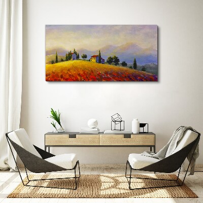 Sunny landscape with houses on a hill Canvas wall art