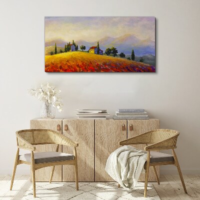 Sunny landscape with houses on a hill Canvas wall art