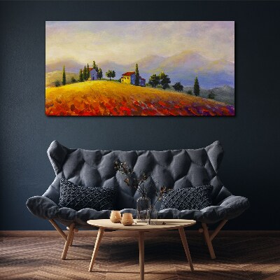 Sunny landscape with houses on a hill Canvas wall art