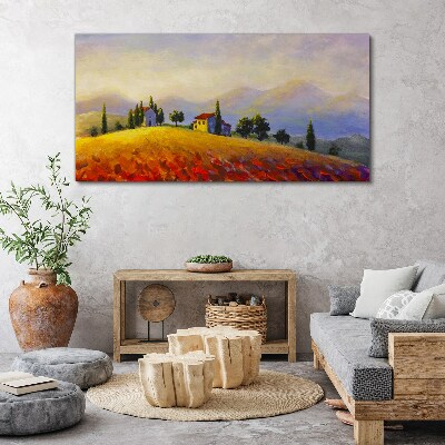 Sunny landscape with houses on a hill Canvas wall art