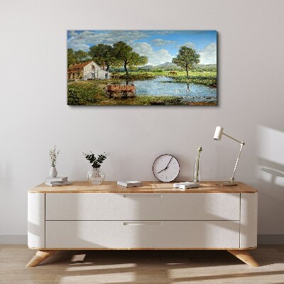 A peaceful rural landscape with a river Canvas wall art